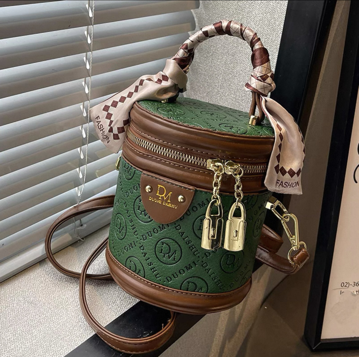 High end textured crossbody and hand carry small bag with twilly