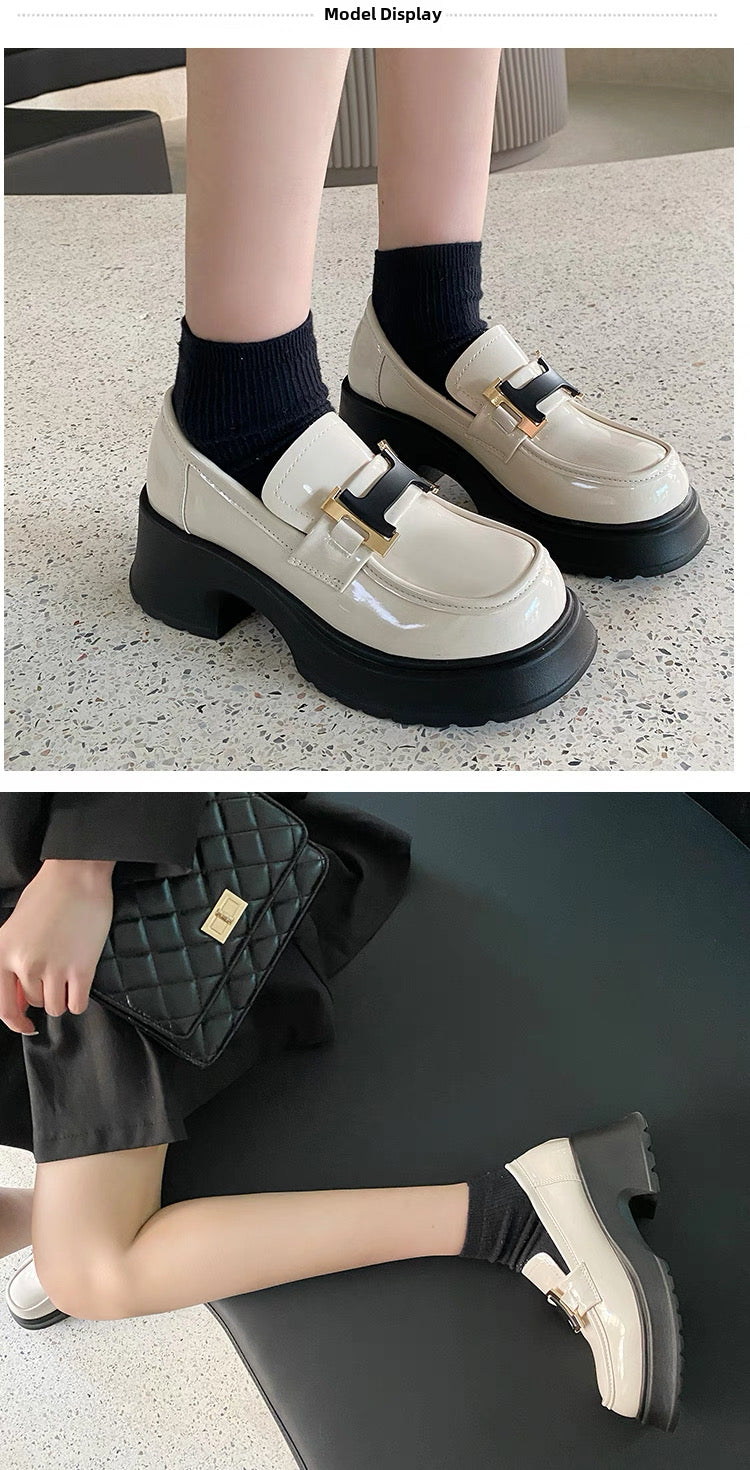 Thick-Soled Leather Shoes for British Preppy Style Patent Leather Slip-On Lazy Loafers for Women Spring and Autum