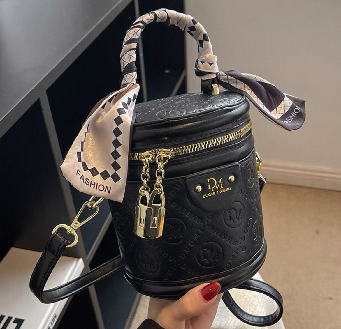High end textured crossbody and hand carry small bag with twilly
