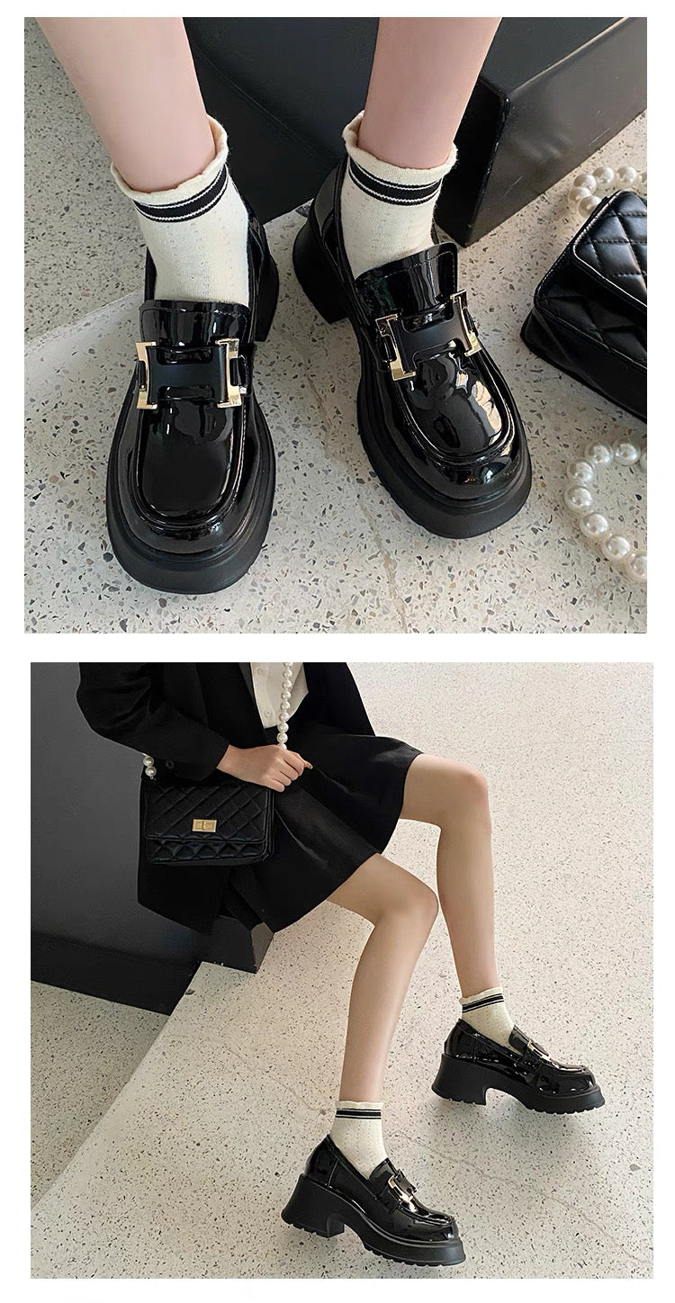 Thick-Soled Leather Shoes for British Preppy Style Patent Leather Slip-On Lazy Loafers for Women Spring and Autum