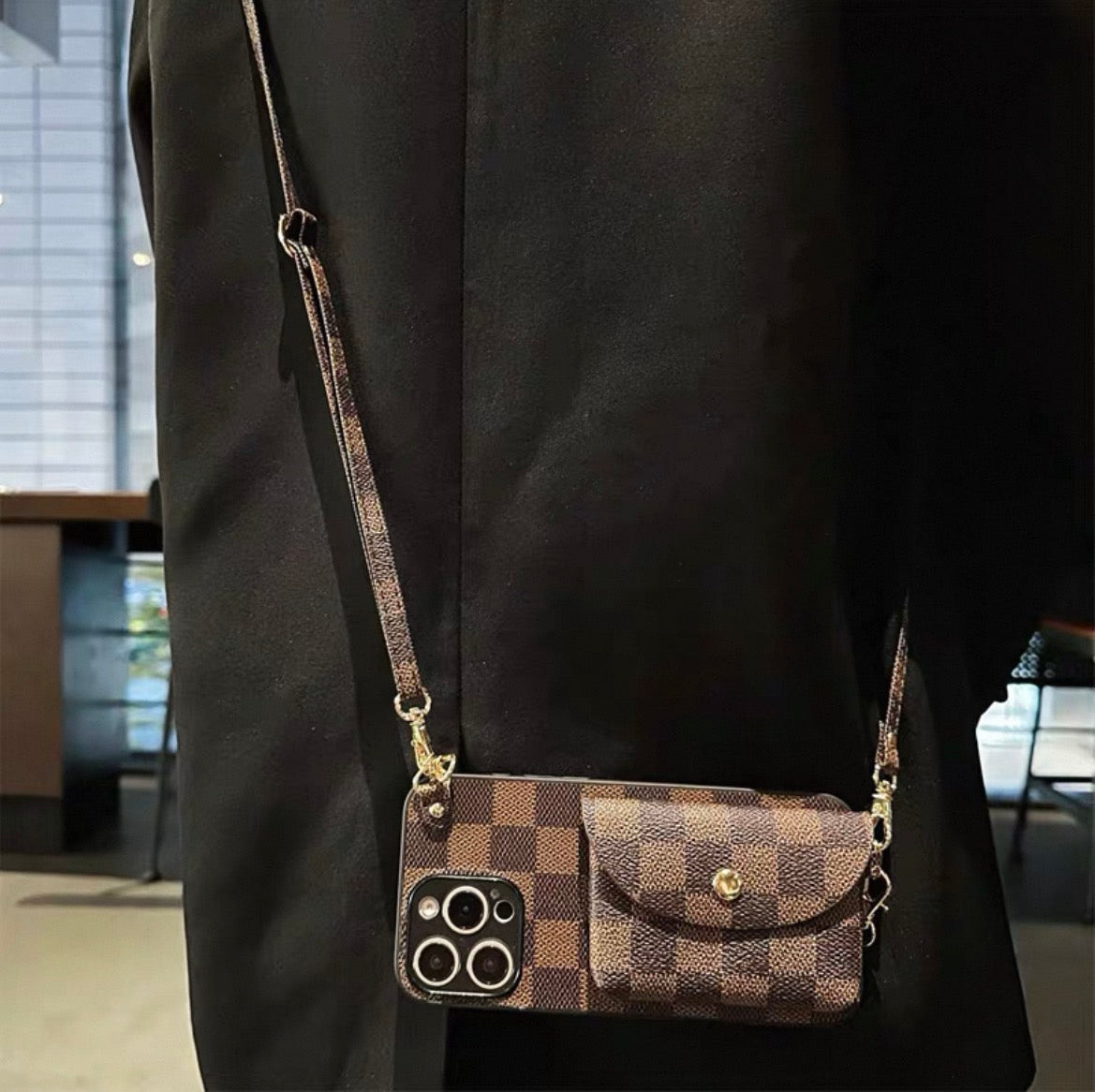 LV iPhone case with sling and card wallets