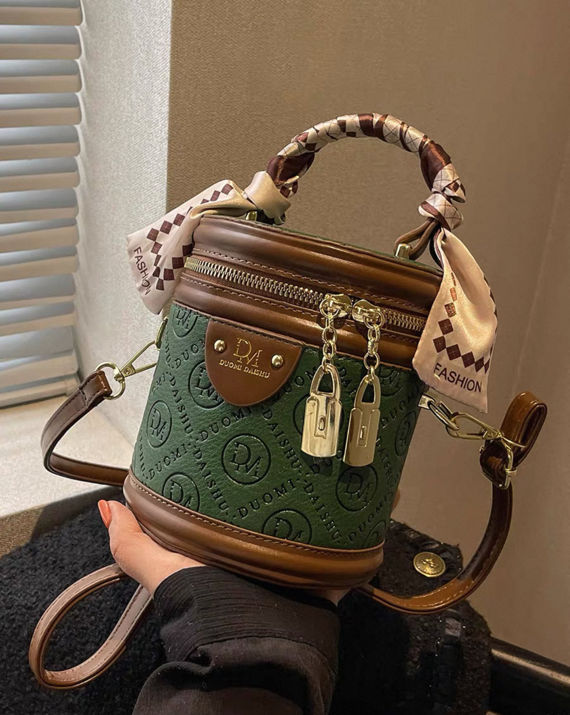 High end textured crossbody and hand carry small bag with twilly