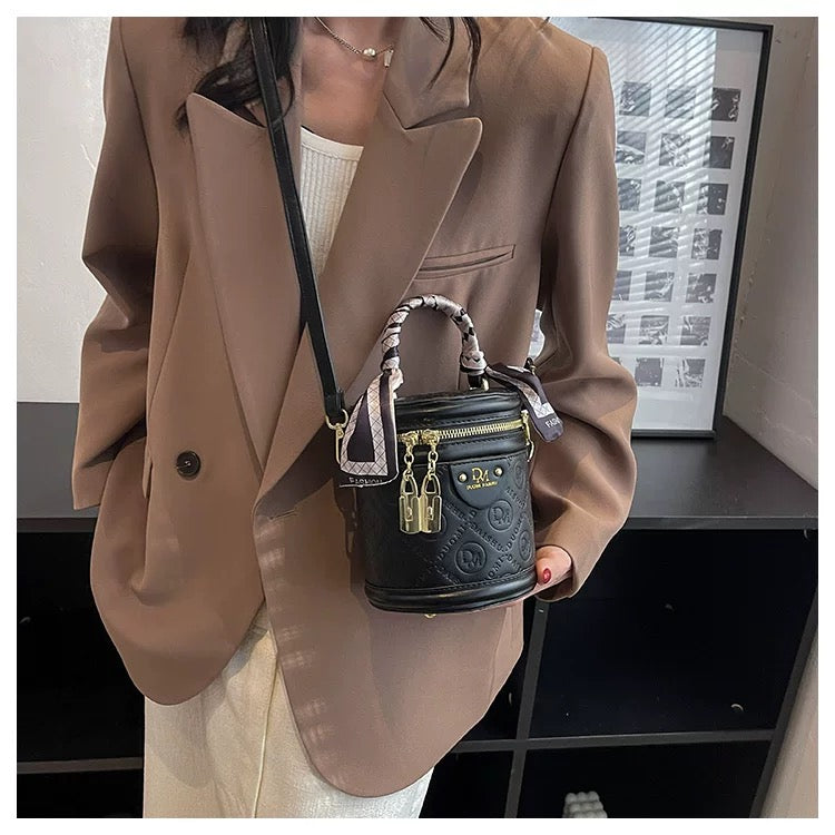 High end textured crossbody and hand carry small bag with twilly