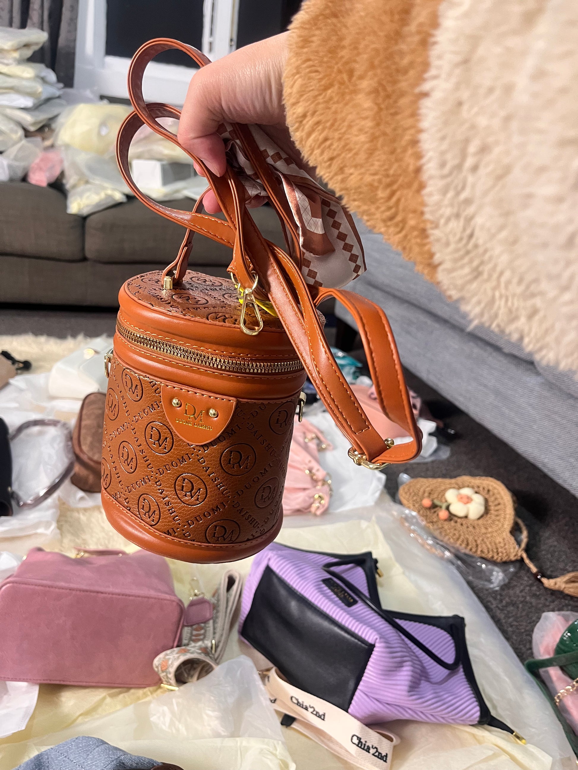 High end textured crossbody and hand carry small bag with twilly