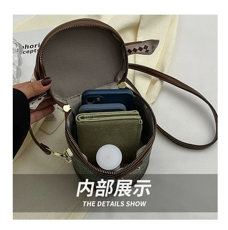 High end textured crossbody and hand carry small bag with twilly