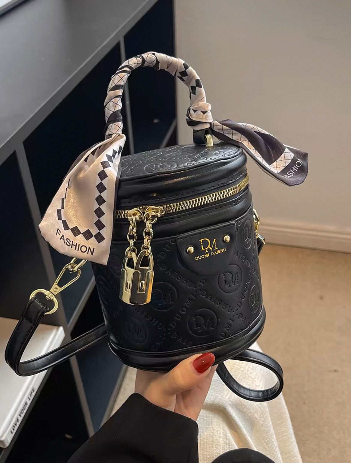 High end textured crossbody and hand carry small bag with twilly