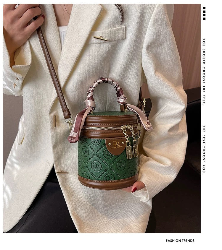 High end textured crossbody and hand carry small bag with twilly