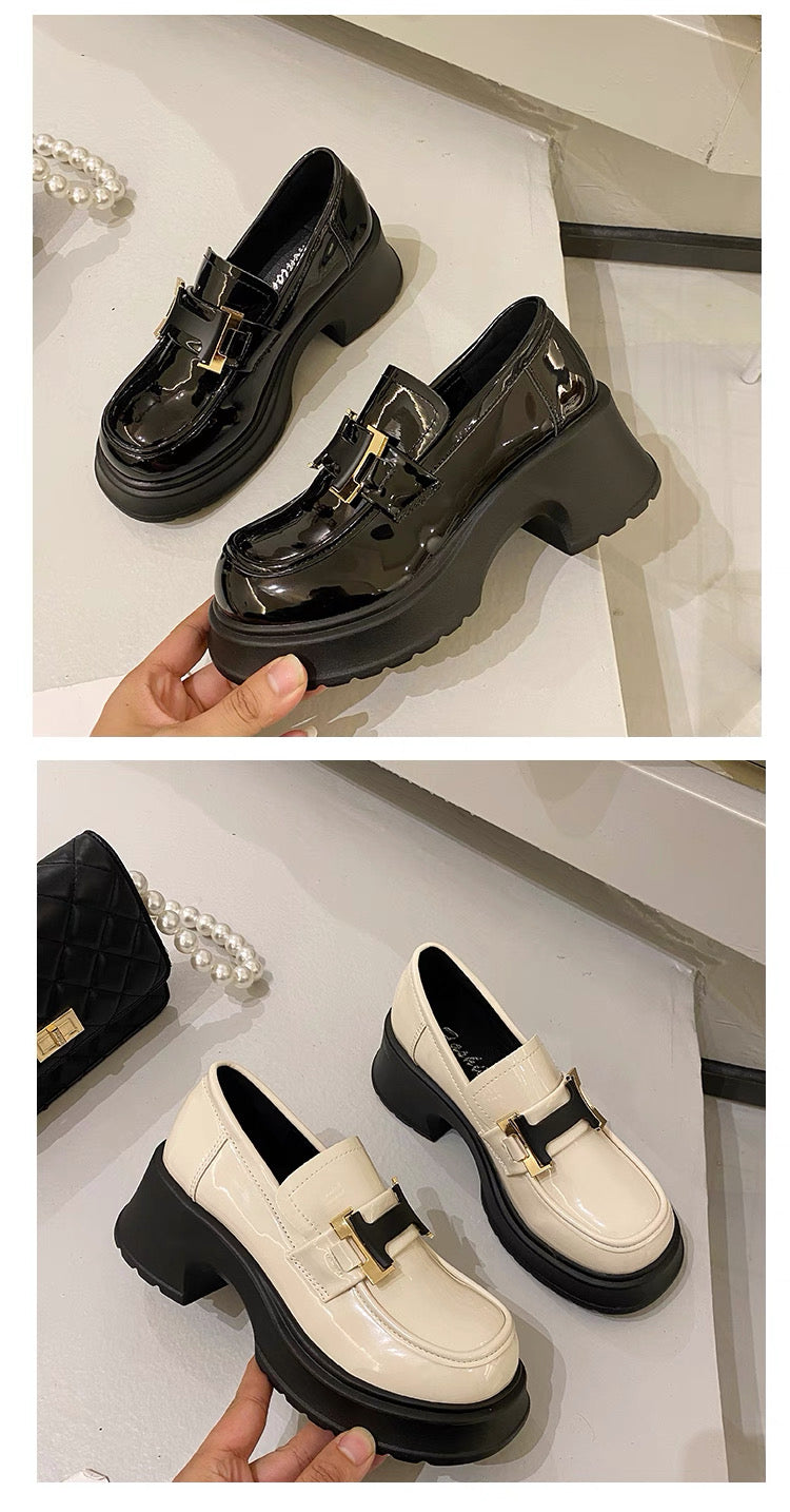 Thick-Soled Leather Shoes for British Preppy Style Patent Leather Slip-On Lazy Loafers for Women Spring and Autum
