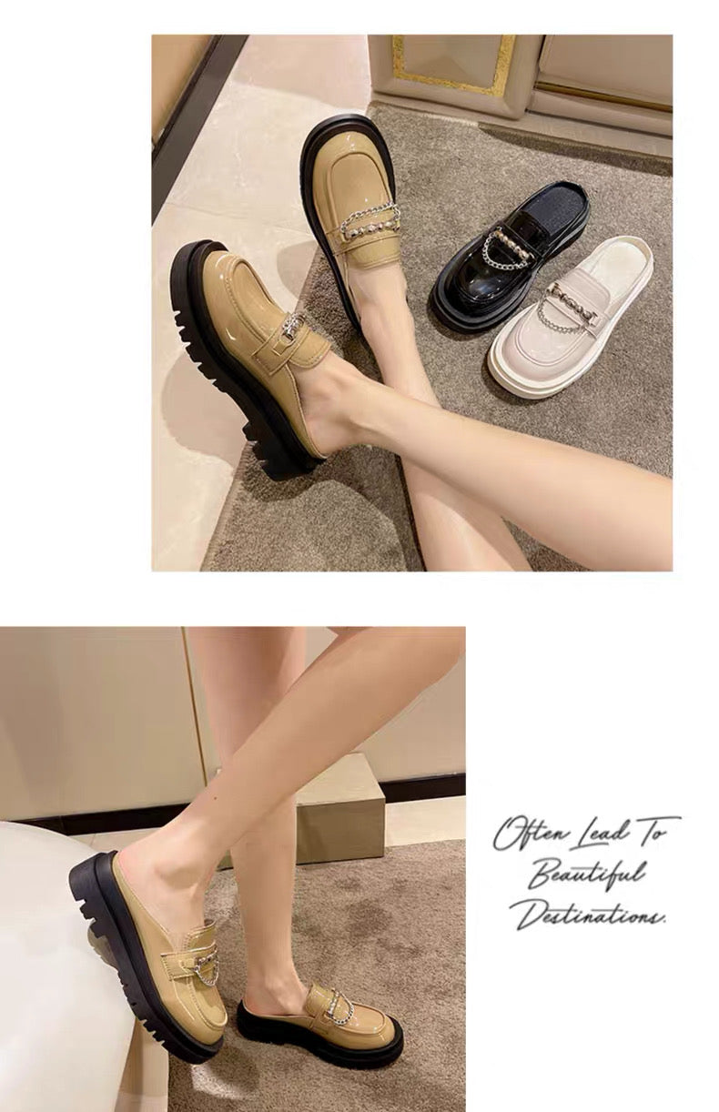 Fat Wide Fat Feet Baotou Half Slippers Women's Outer Wear Thick-Soled Sponge Cake Without Heel Lazy Slippers