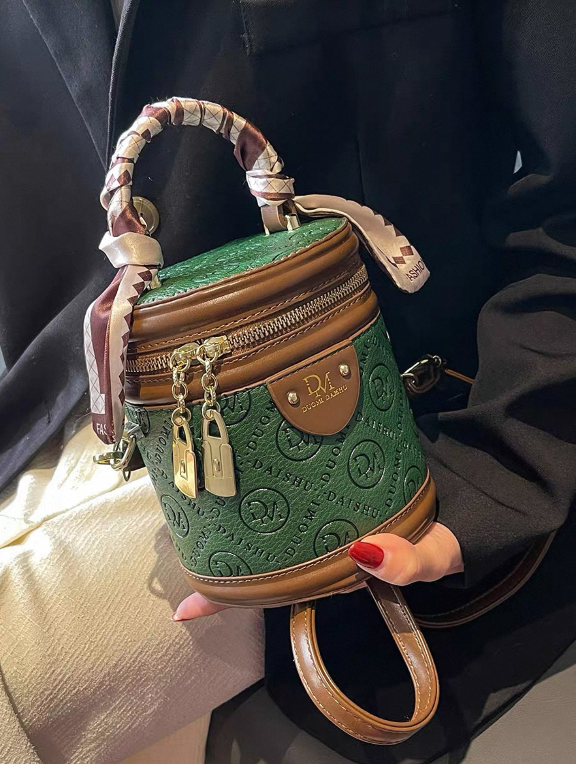 High end textured crossbody and hand carry small bag with twilly