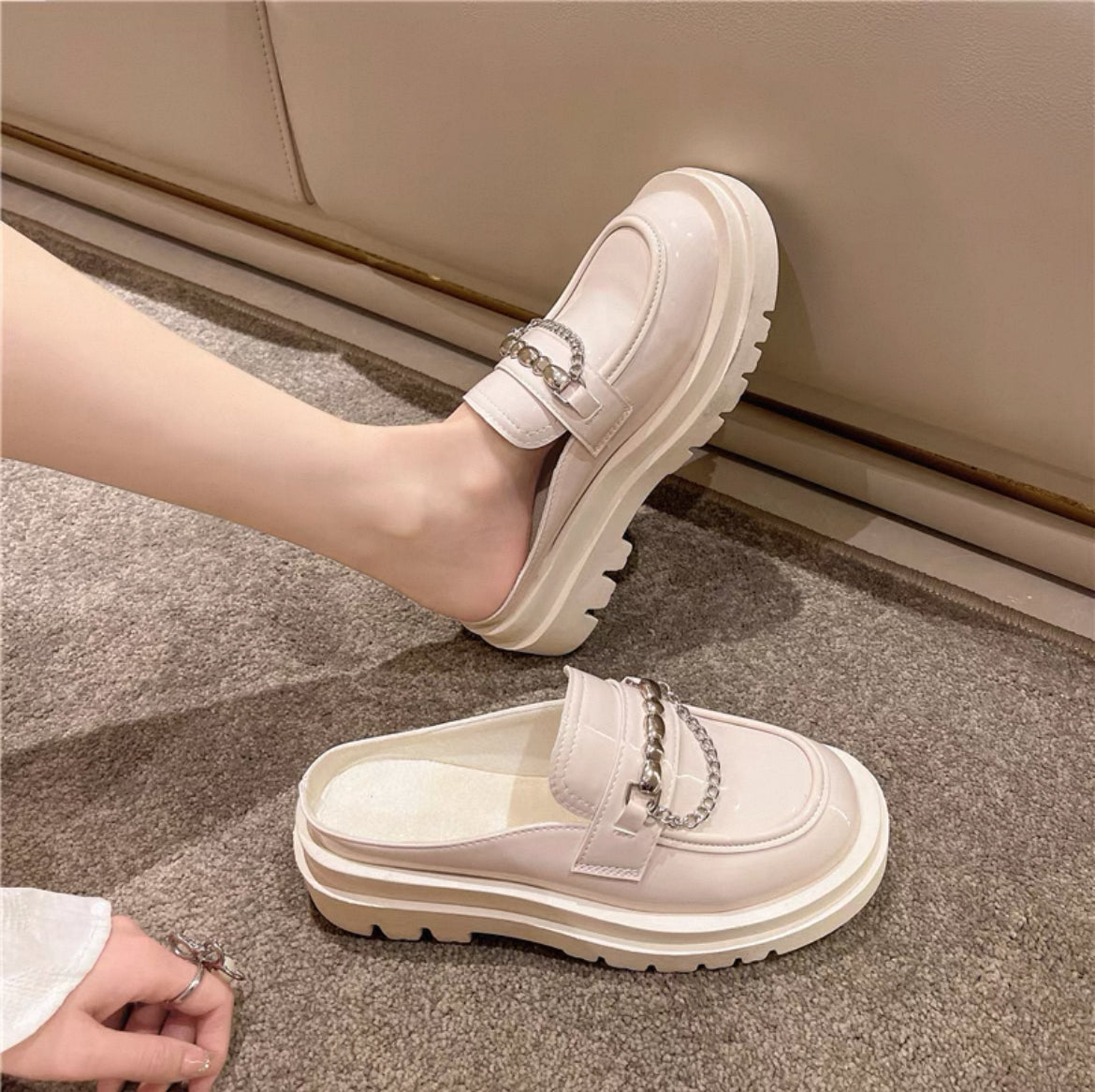 Fat Wide Fat Feet Baotou Half Slippers Women's Outer Wear Thick-Soled Sponge Cake Without Heel Lazy Slippers