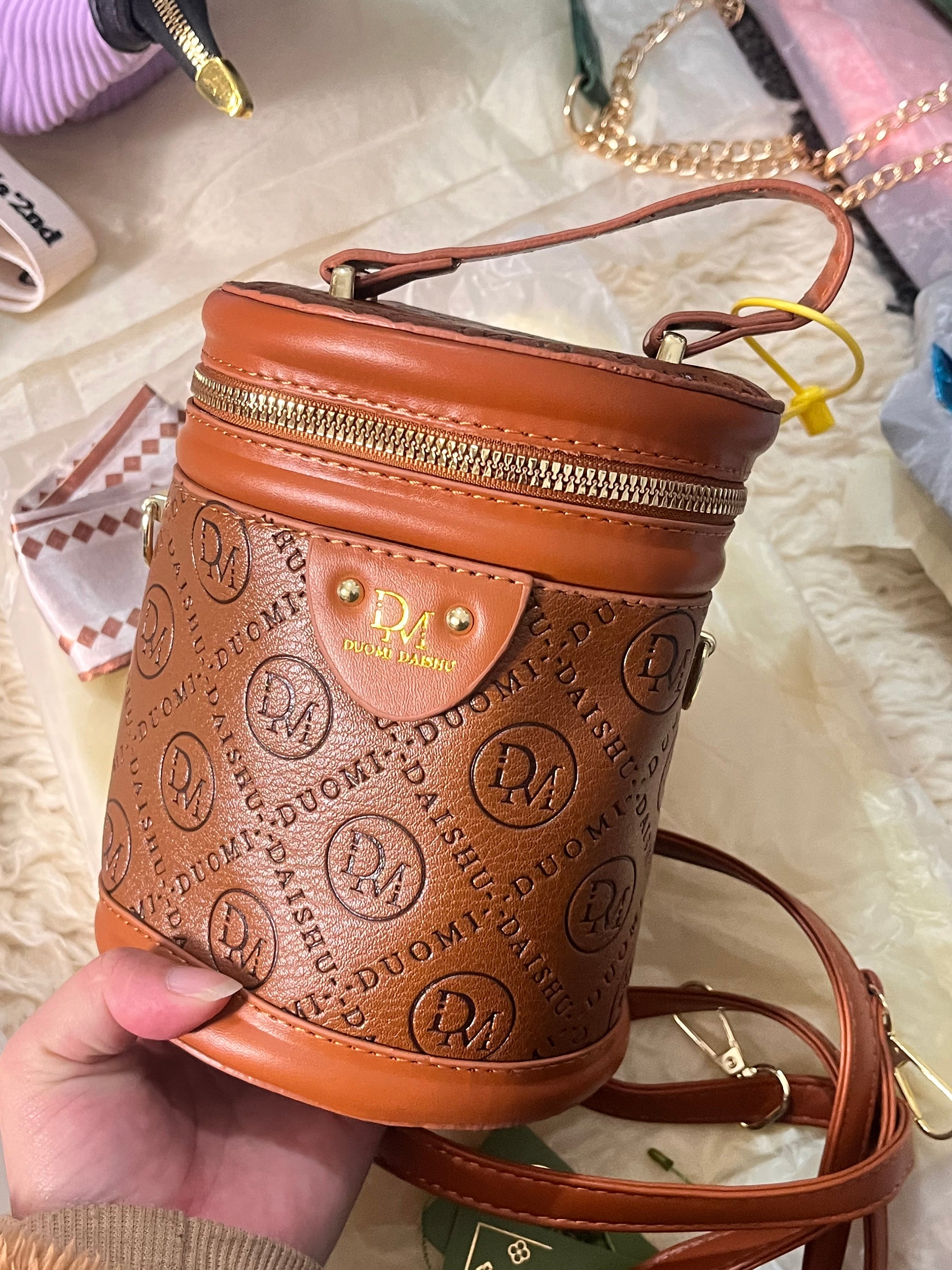 High end textured crossbody and hand carry small bag with twilly