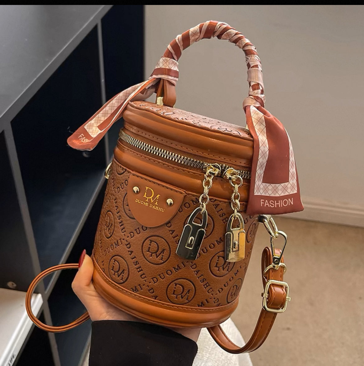 High end textured crossbody and hand carry small bag with twilly