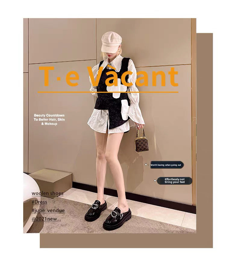 Fat Wide Fat Feet Baotou Half Slippers Women's Outer Wear Thick-Soled Sponge Cake Without Heel Lazy Slippers
